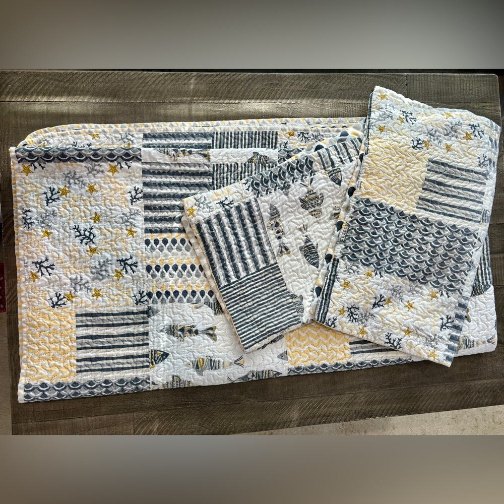 Quilted Patchwork Bedding Set Full Queen Yellow Gray Coastal 3 Piece